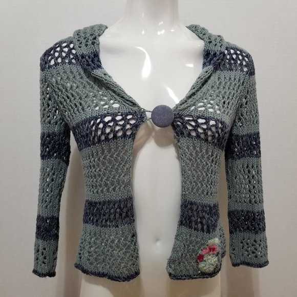 Nick & Mo cardigan Small striped open knit crochet one button floral embroidery - Picture 1 of 13
